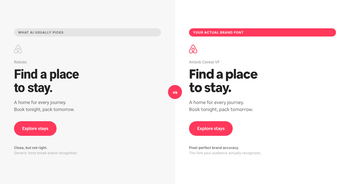 Font comparison -- Roboto (generic) vs Airbnb Cereal VF (real brand font) side by side